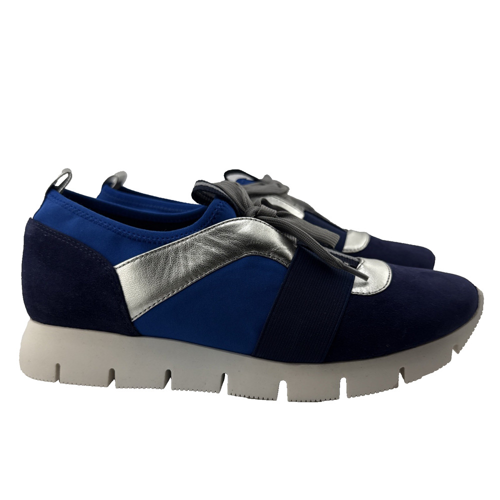 Nine West Welldone Sneakers Womens 8.5 M Blue‎ Suede Silver Leather Stretchy NWB
